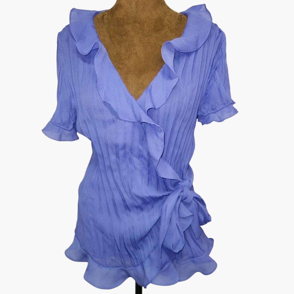S.L.B Women's Top Size M Ruffle Pleated Wrap Y2K 90s Blouse Purple Blue